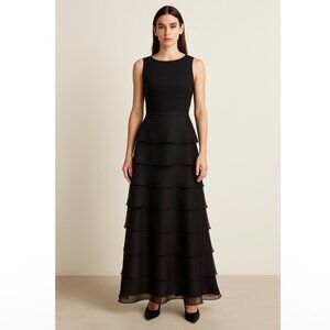 Tadashi Black Silk Tiered Chiffon Maxi Skirt Sz 8 Formal Elegant Evening Wear